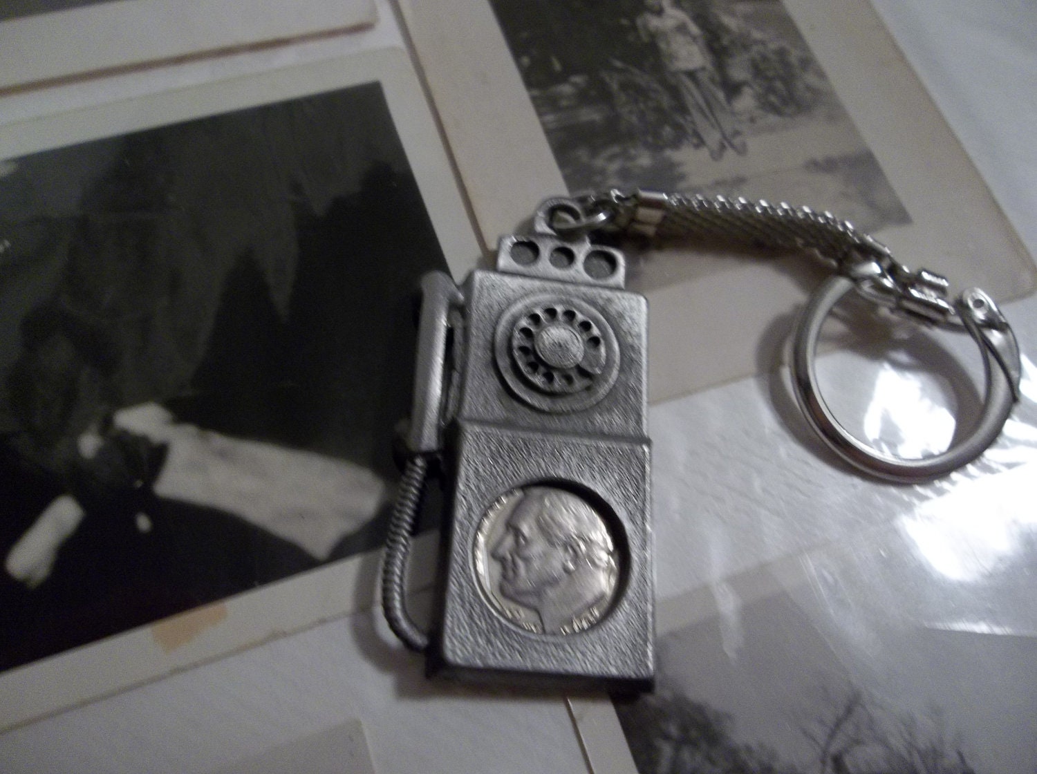 Pay Phone 10 Cent Phone Calls Wall Telephone Pewter Key Chain with 1970s Dime