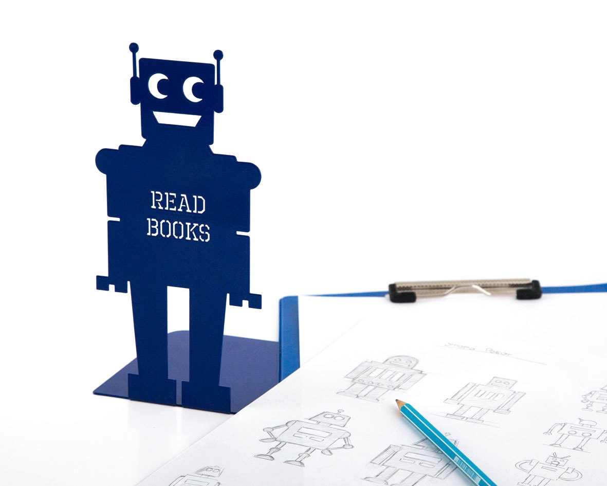 Bookends for kids room Robot (blue) powder coated laser cut metal thick enough to hold books