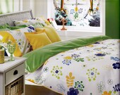 Custom Queen Size Lime Green Yellow Navy Cobalt Blue Floral Print Bedding Set
