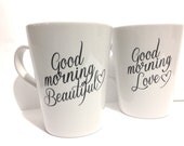 Latte mug couple set of 2 mugs set- good morning mugs "Beautiful and Love" set perfect couple gift wedding gift, housewarming Gift