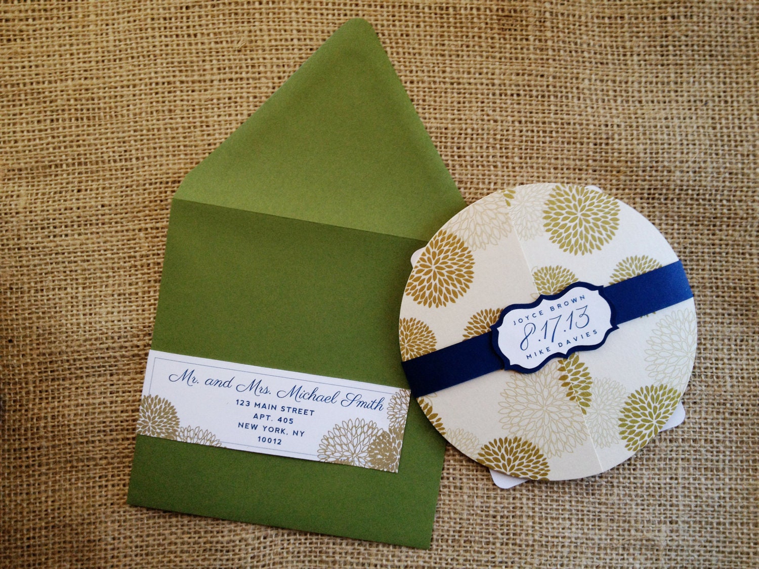 Aster Round Gatefold Olive Sage Navy Wedding Invitation Belly Band Floral Elegant Contemporary Modern Trendy Unique Creative Shabby Chic