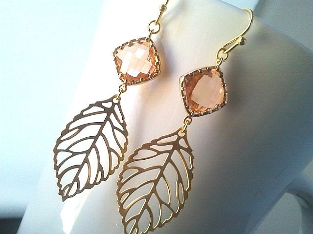 Autumn Leaves Peach Gold Earrings ,Drop, Dangle, jemstone Earrings, bridesmaid gifts,Wedding jewelry