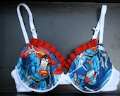 SUPER RUFFLED SUPERMAN: White Bra with Superman Comics Fabric and Red Ruffles