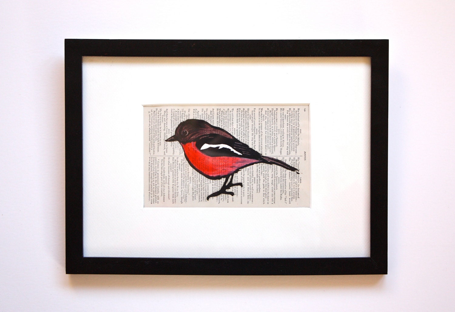 Framed Red Robin LInoprint - Handcoloured - Australian Native Bird - trees4thewood