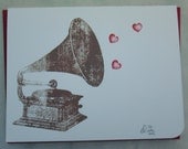 Vintaged Gramophone in Love- screenprinted, blank card set of 5, Valentine's Day Card