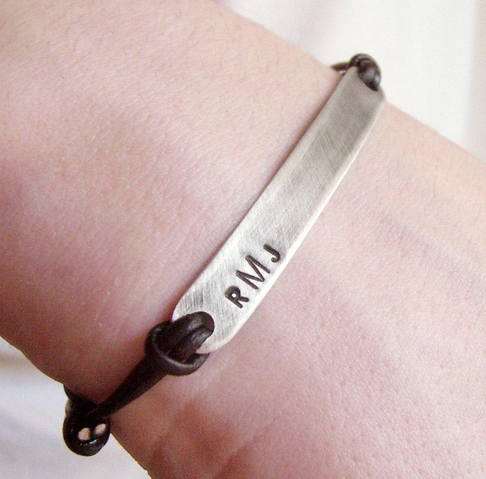 Men Women Bracelet Personalized Sterling Silver Oxidized & Leather Bangle - Custom Hand Stamped - Handmade - Gift for Her for Him