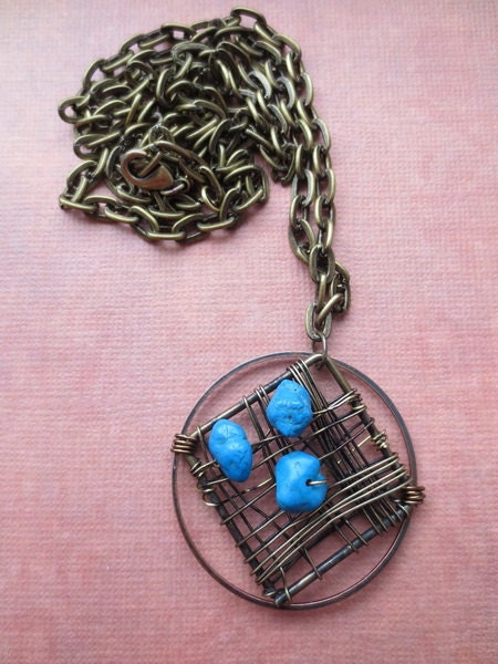 Wire Wrapped Pendant Necklace, Brass Wire, Copper Loops and Turquoise Beaded- Wire Jewelry