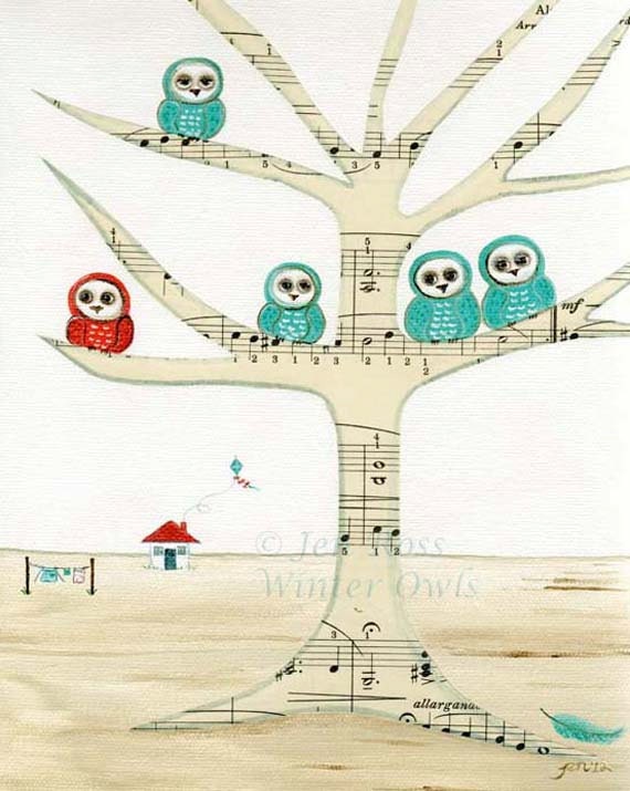 Owl Nursery Print - Whimsical Owl Painting "Owls dwell here" - WinterOwls