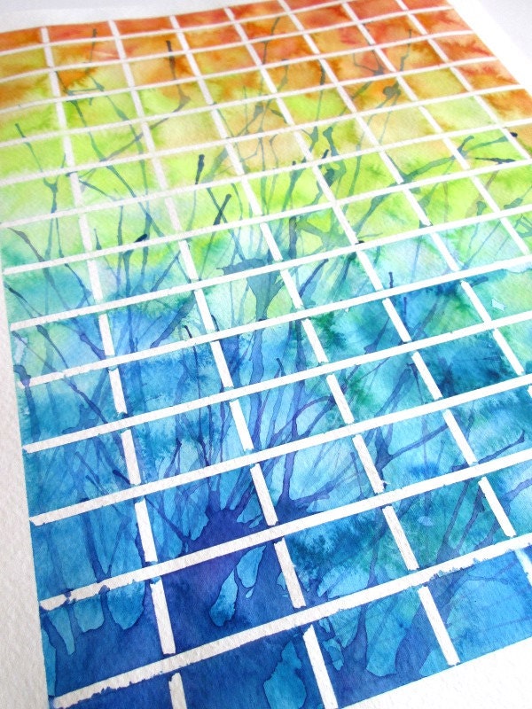 Original blue, green and orange abstract squares watercolor