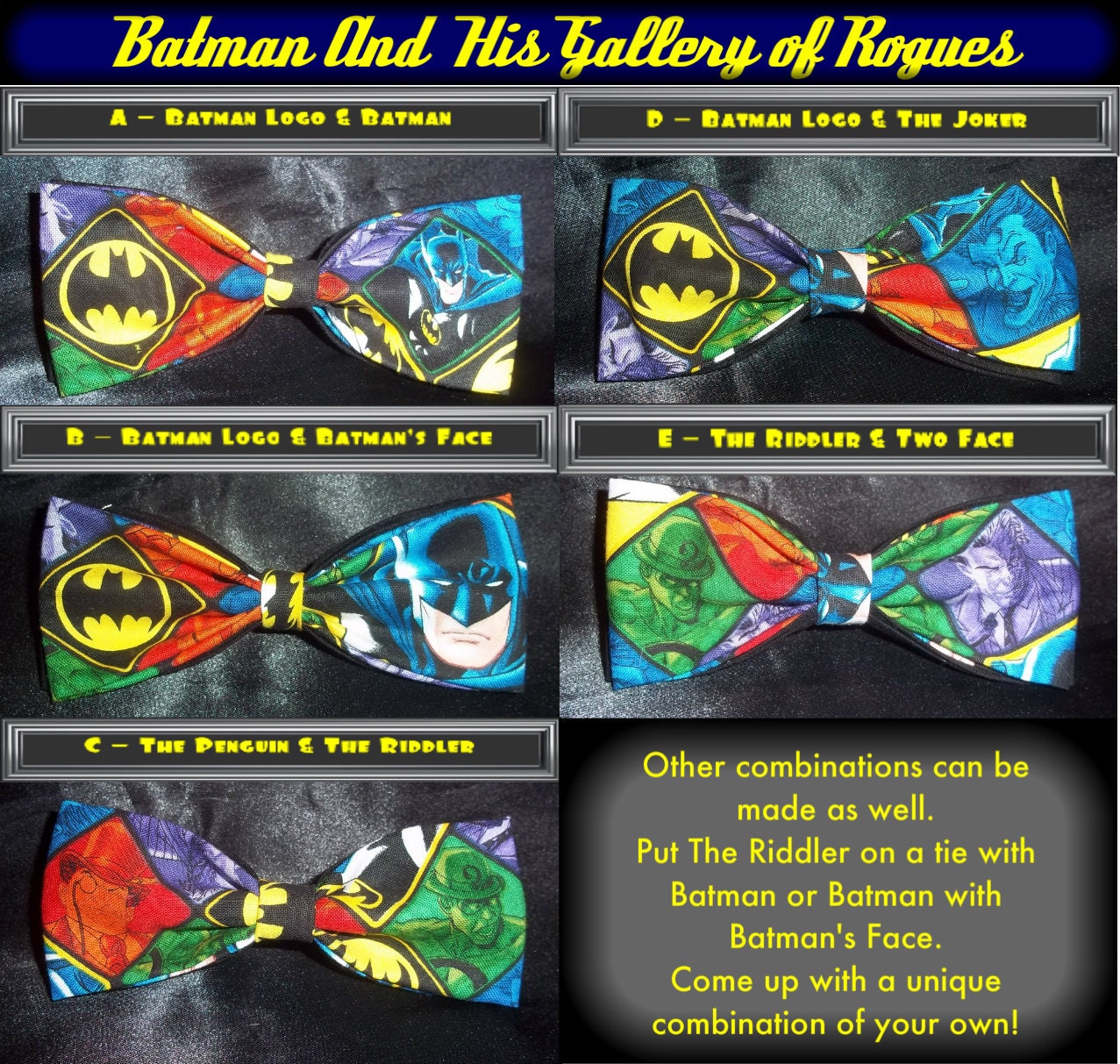 BowTies Made From DC Comics Batman Fabric - Choose From 5 Great Looking Batman Villain Bow Ties, Choose A Favorite Bad Guy - SHIPPING 2.07