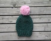 Large Slouchy Oversized Toque/Beanie, Green with Pink pompom