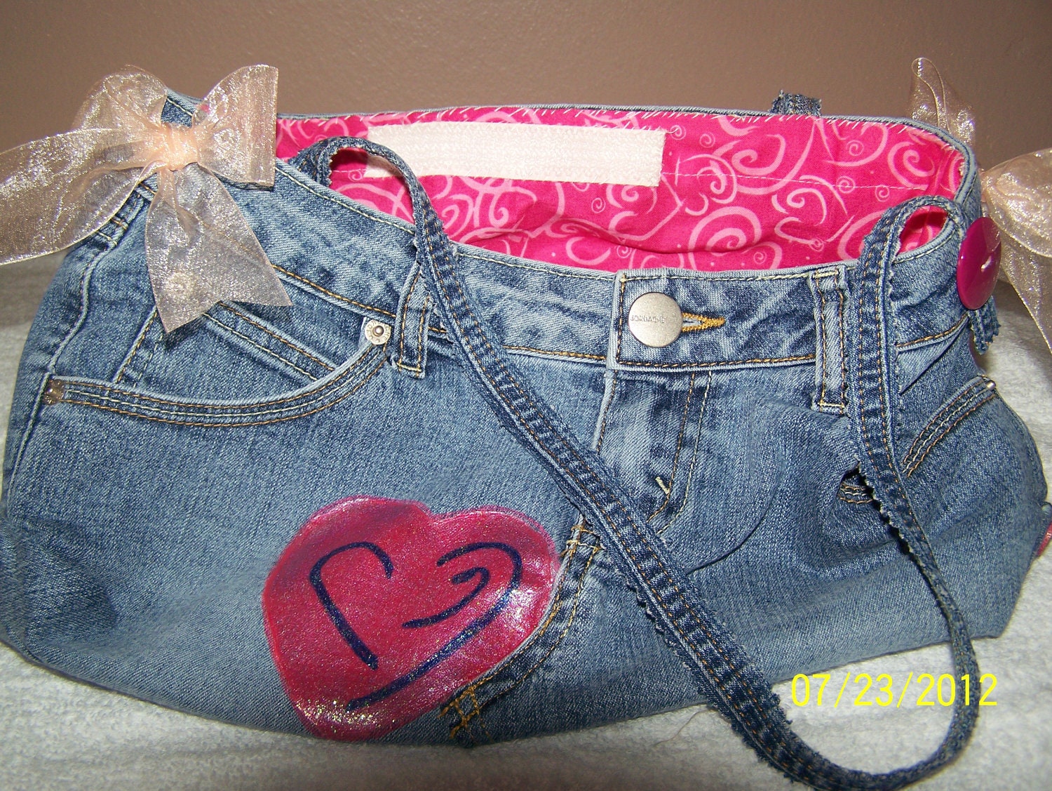 A handmade blue denim purse