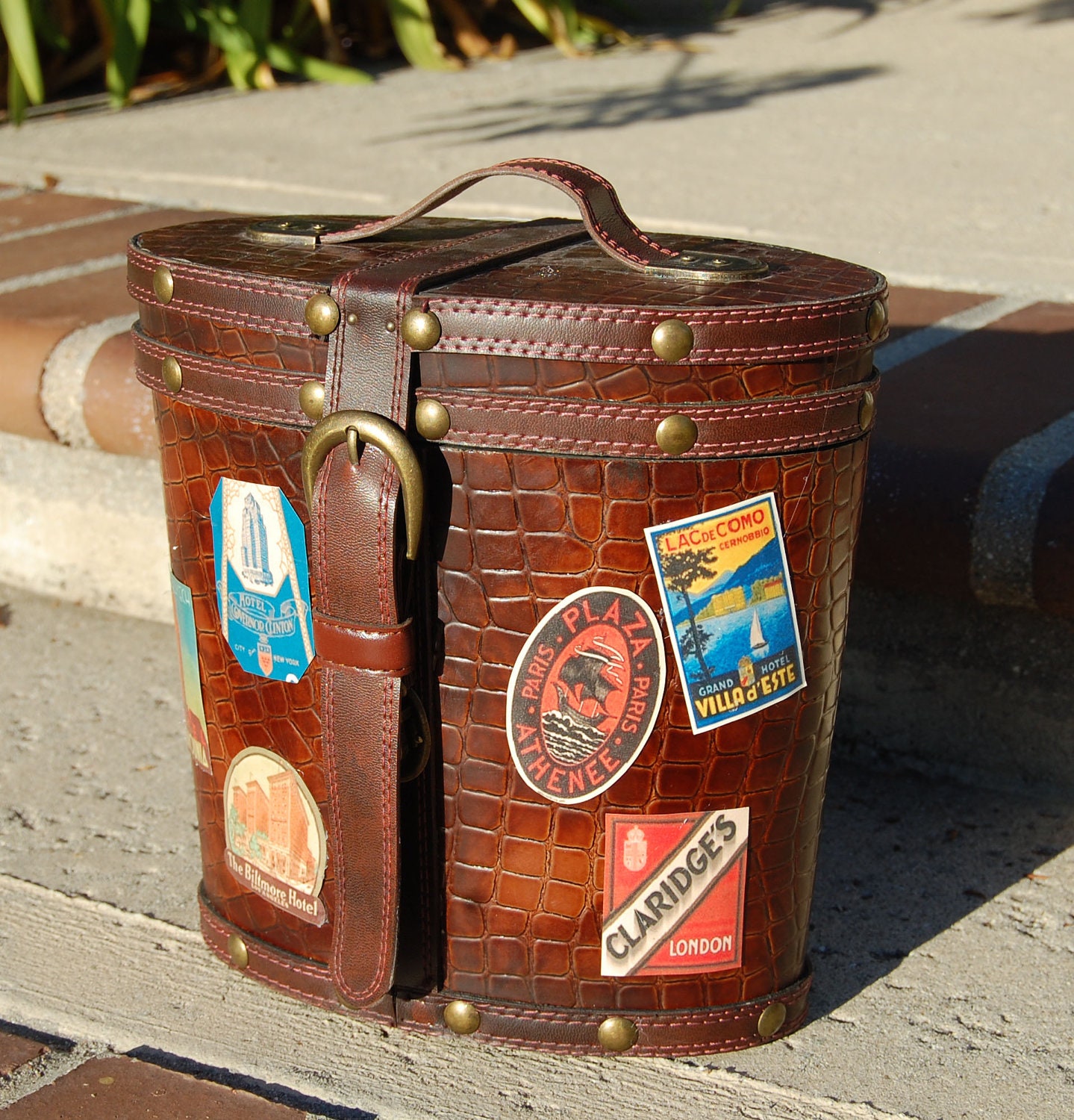 Mini Vintage Travel Steam Trunk - Cylindrical Brown Leather Body with Leather Strap/Brass Closure & Mini Travel Stickers