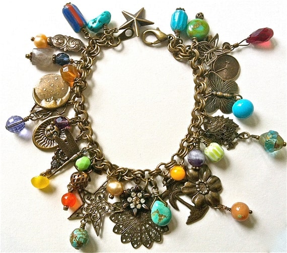 Antiqued brass charm bracelet/necklace with nature theme & vintage beads, crystals, turquoise, trade beads charms, filigree....