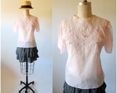 Vintage 50's embroidered lace cut work top sheer pale pink Summer S small