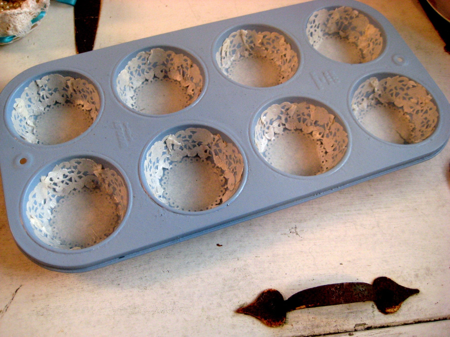 Re-purposed and Up scaled Vintage Muffin tin, jewelry display and storage, rustic finish, Chippy paint, cornflower blue, 7 x 14 inches