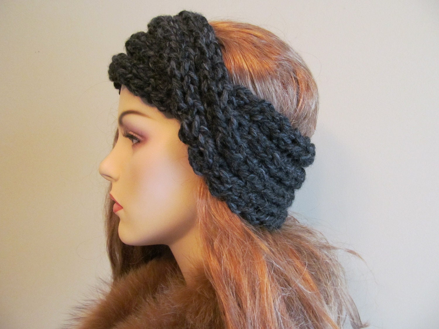 Black Grey Turban Headbands Earwarmers Charcoal Grey Black Heather Wool Fall Winter Chunky Accessories Headcovers Womens Girls Headwraps