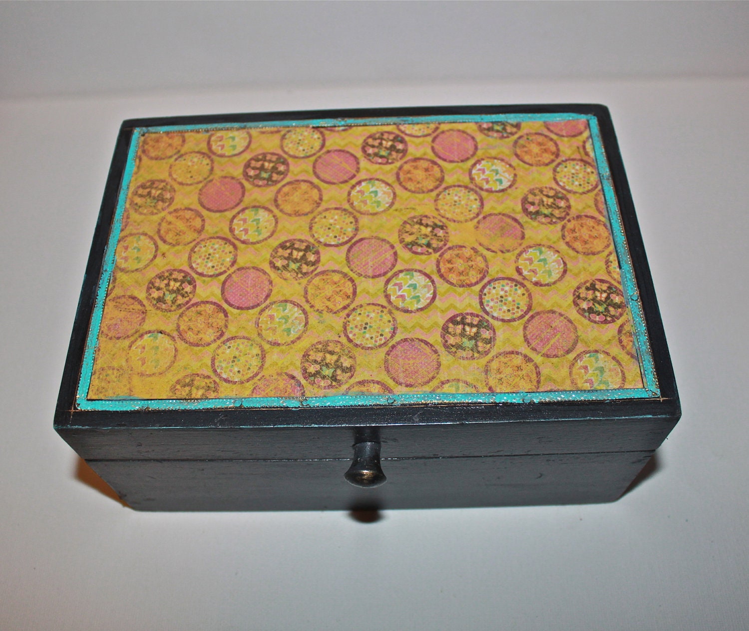 Bright Jewelry Box/ Yellow Black Aqua Blue Accent/ Up cycled Painted Wood Keepsake Trinket Photo Storage/ Decorative Polka Dot Circle Design