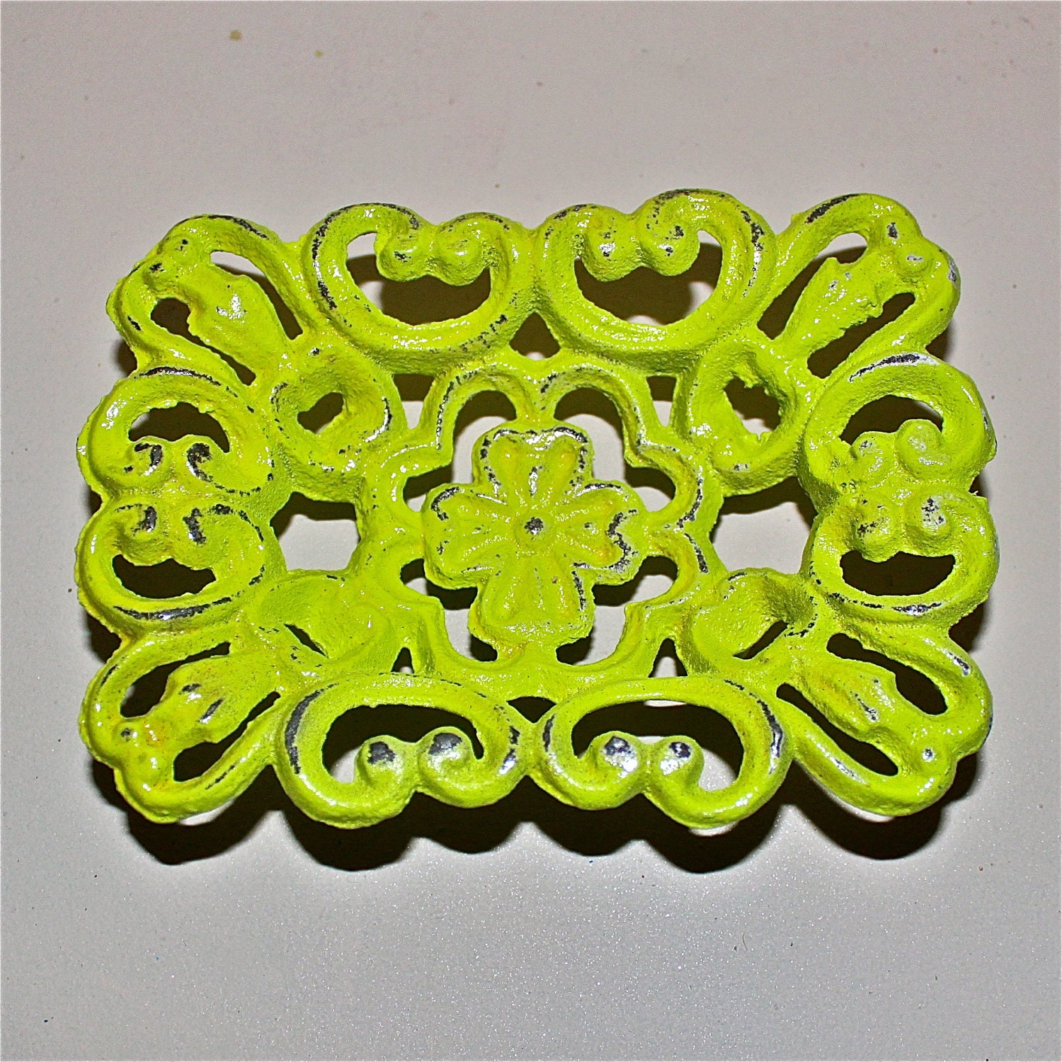 Lime Green Business Card Holder/ Soap Dish/ Hand Painted Cast Iron/ Flower/ Office, Desk, Bathroom, Kitchen Decor/ Decorative Shabby Chic