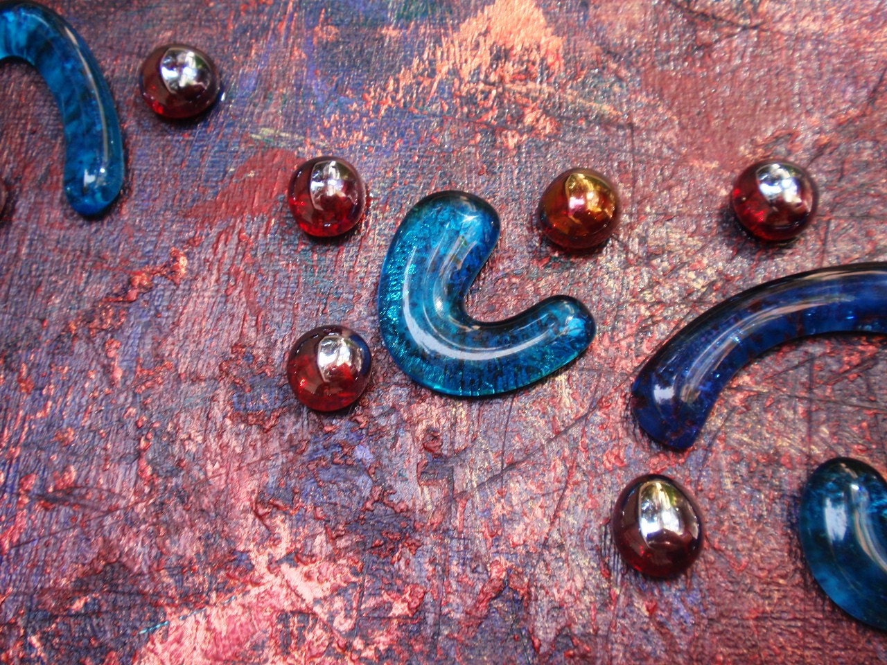 Night Conjure Mixed Media Abstract Canvas Painting Acrylic And Glass Blue, Red, Copper
