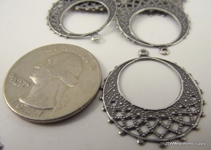 Antiqued Silver Round Filigree Drop, 25mm, 10 Pieces