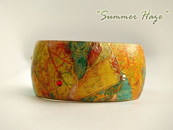 SALE.Bangle Bracelet with Swarovski Crystals " Autumn leaves " / Collage Art technique Shabby chic wood Decoupage bracelet