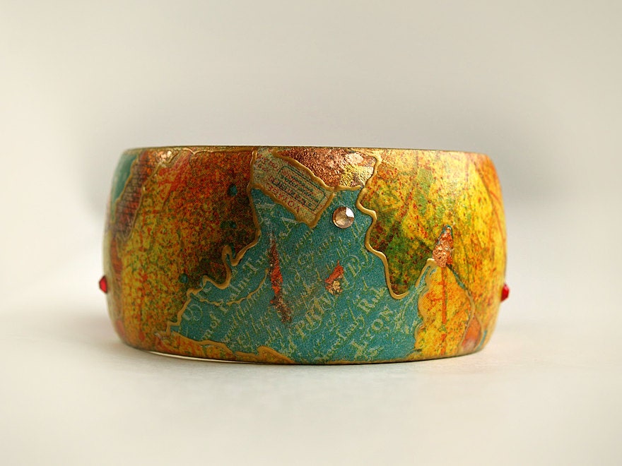 SALE.Bangle Bracelet with Swarovski Crystals " Autumn leaves " / Collage Art technique Shabby chic wood Decoupage bracelet