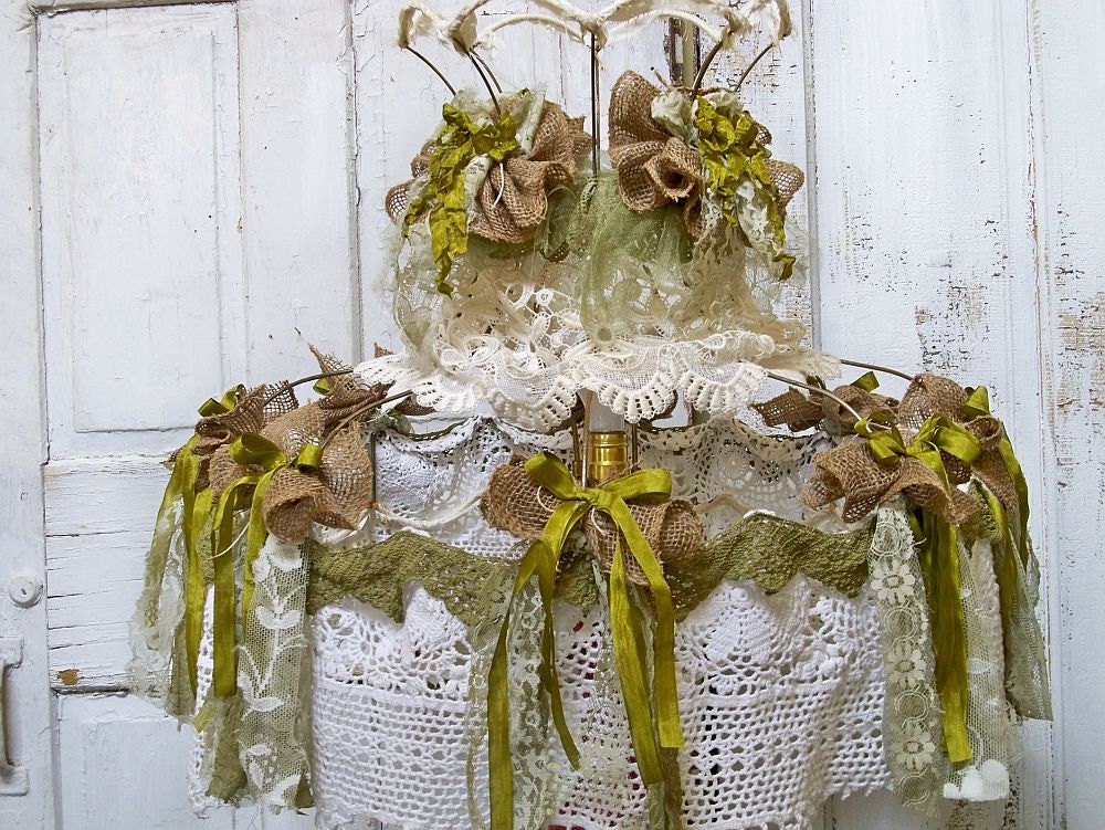 Shabby chic Victorian lamp shade decorated recycled materials tattered home decor OOAK Anita Spero
