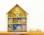 Vintage home decor, Wooden house with vintage sewing tools