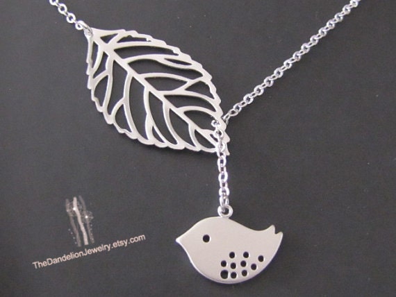 SALE, 10% OFF: Leaf and bird lariat in white gold, Bird necklace, leaf necklace, bird pendant