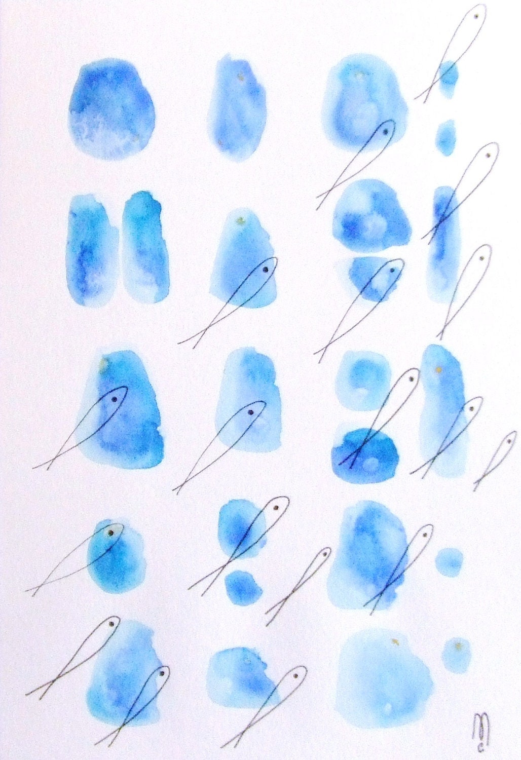 Abstract Art Fishes Fish Drawing Water Ocean Pebble Fishes Painting Watercolor Pen Decor Blue Fishes Contemporary Art Abstract Painting