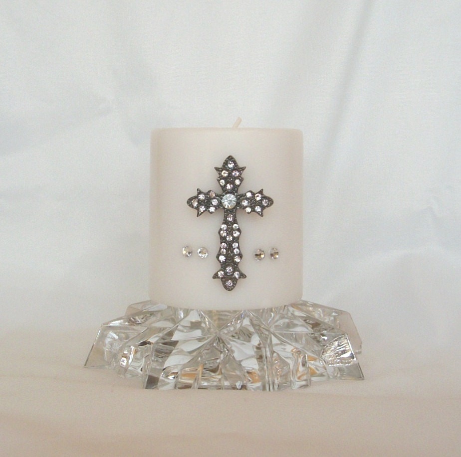 Swarovski Crystals, Rhinestone Encrusted Silvered Metal Cross, Christian Religious Cross, White Pillar Candle