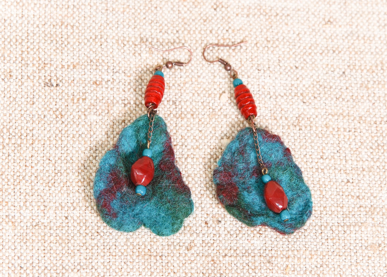 Teal Blue and Red Felt Earrings - Soft Fiber Dangle Earrings - OOAK Artsy Felt Jewelry
