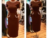 1980s does 1950s Wiggle Dress Day Dress Fitted Dress Brown with White Trim