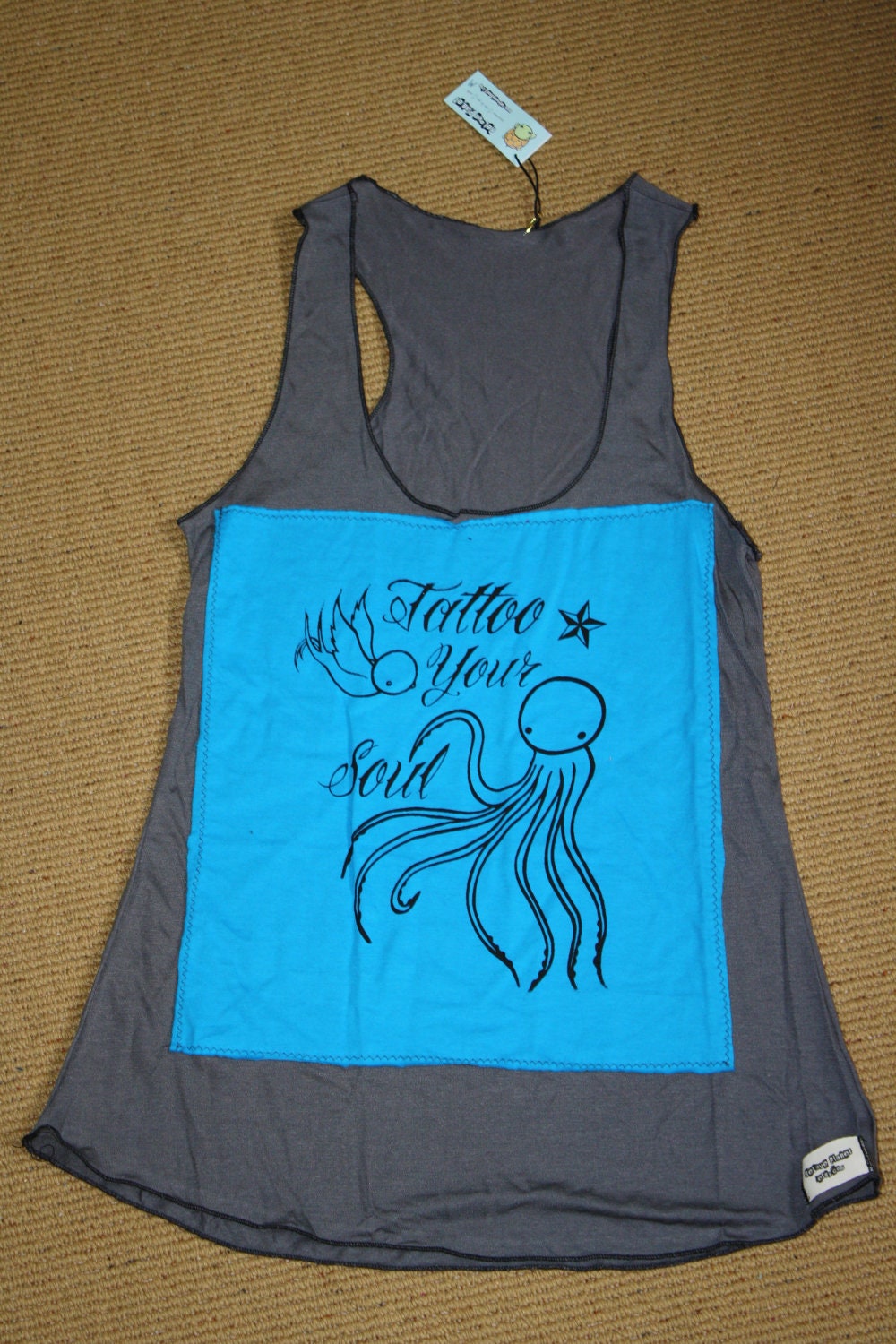 LAST OnE - TATTOO your SouL - Octopus Swallow Nautical Star Racer Back Tank - Organic Eco Tee Top Shirt - ReLove Plan.et - M