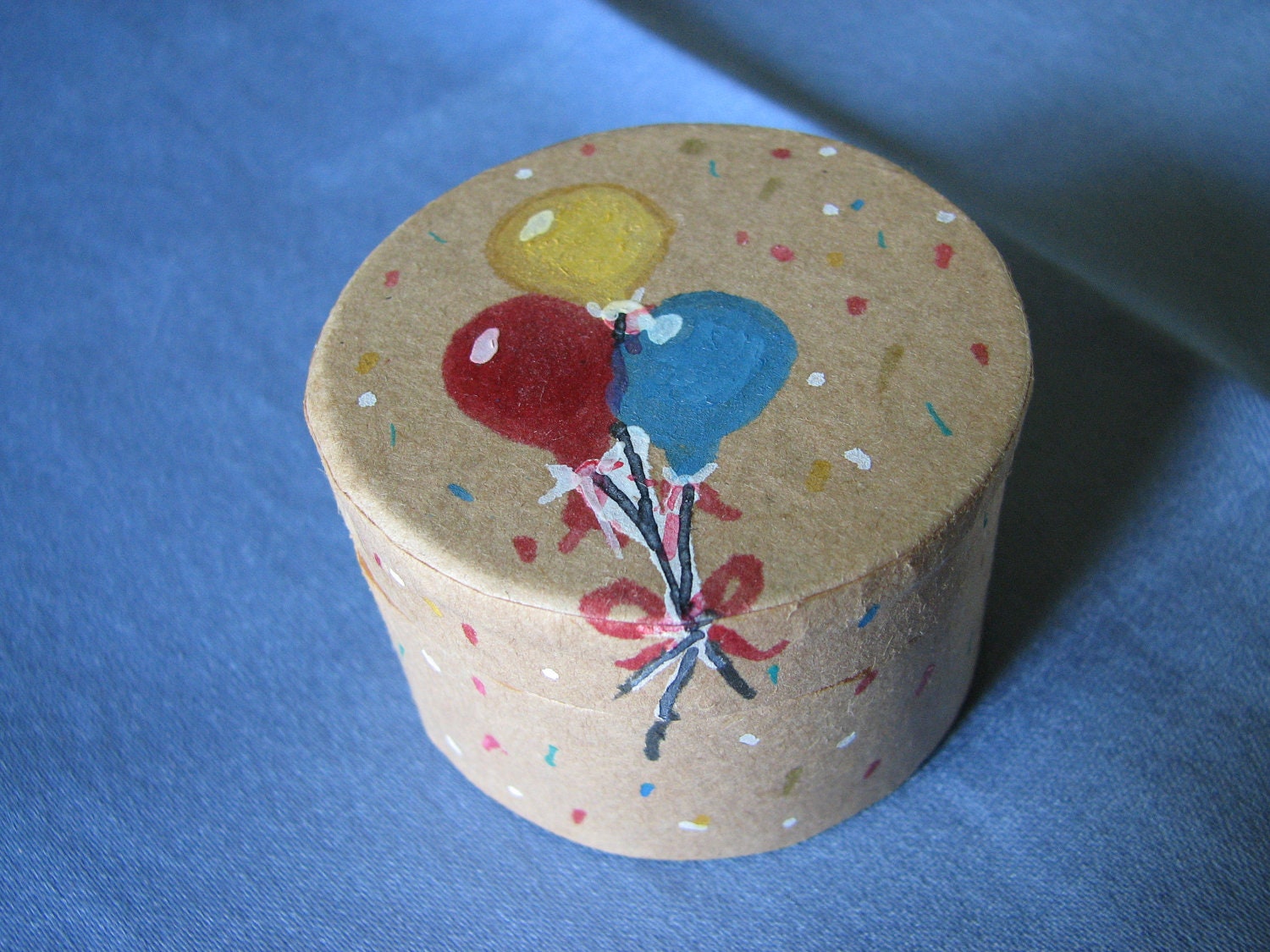 Small, Round, Painted Paper Box, Balloons and Confetti