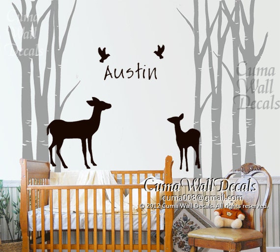 Nursery wall decals baby name wall sticker children wall mural animal - 7tree birds deers Z138 Cuma