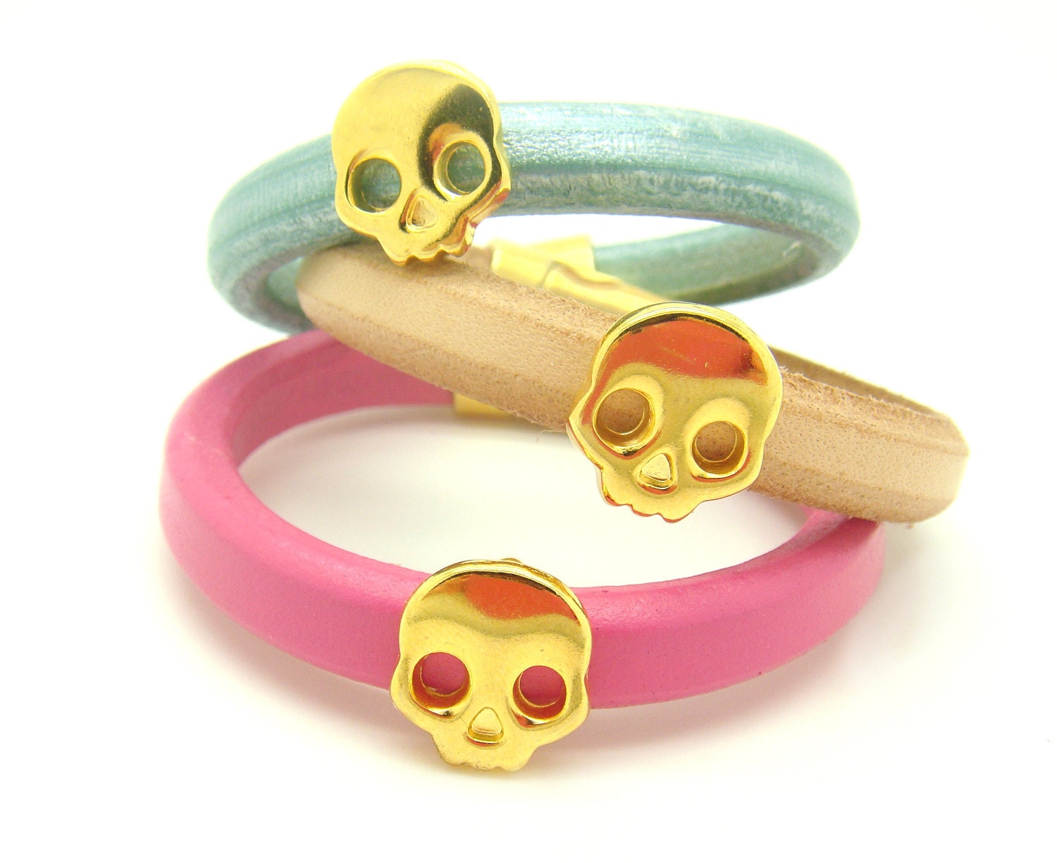 Gold Skull Bracelet - Natural Beige Leather Cuff Bracelet w/ Magnetic Closure