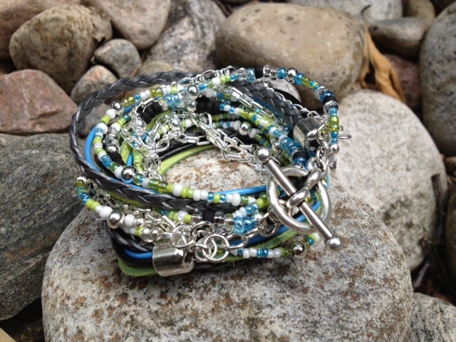 Boho Leather Beaded Wrap Bracelet Multi Media,  South Seas Mix with Lime Green, Sky Blue,Black and Silver, 3X wrap,  (LW-417)