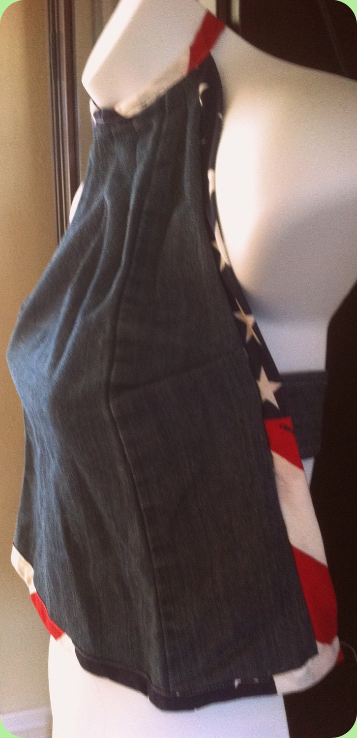 Handmade Red White and Blue Denim USA Flag Halter Top High Neck Shirt Summer Top with Ties and Adjustable strap