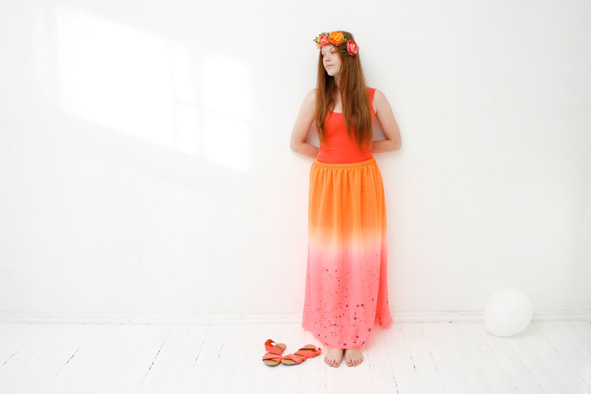 Grapefruit- neon orange & pink maxi skirt with delicate dark blue color splashes