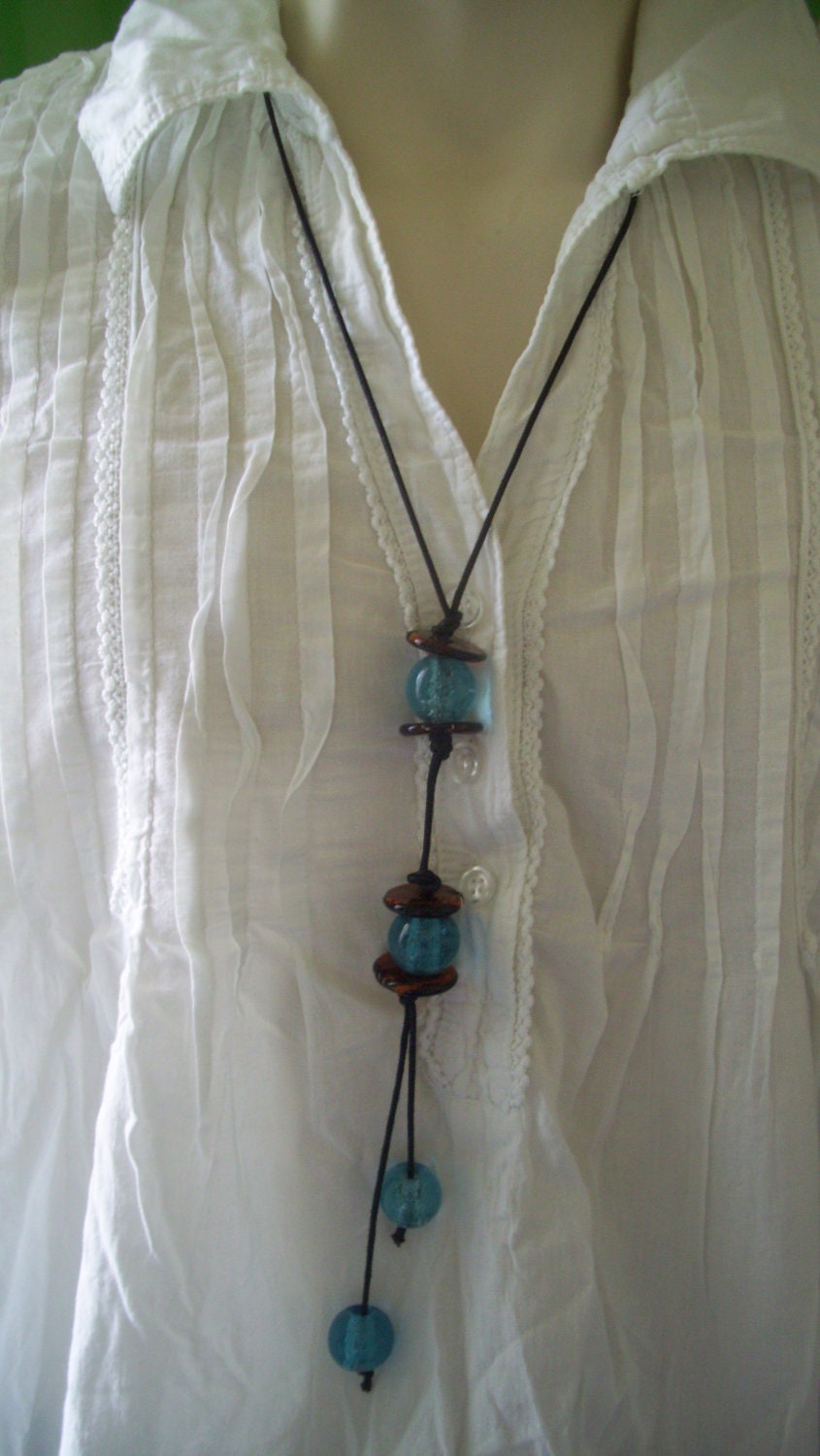 Long Blue Murano Glass Necklace.  Minimal Shabby Chic Necklace, LOH team