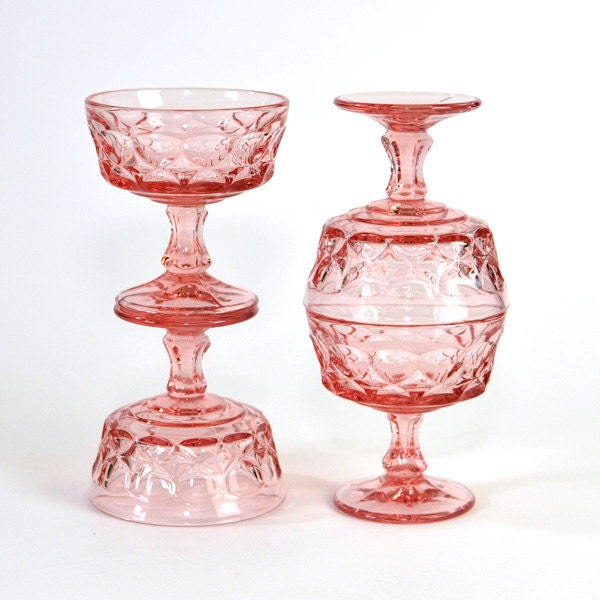 Pink Glass Goblet Set - Cups or Dessert Sundae Bowls, Pretty Shabby Chic - Vintage Home Kitchen Decor or Use