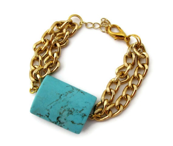 Turquoise Stone and Chain Bracelet