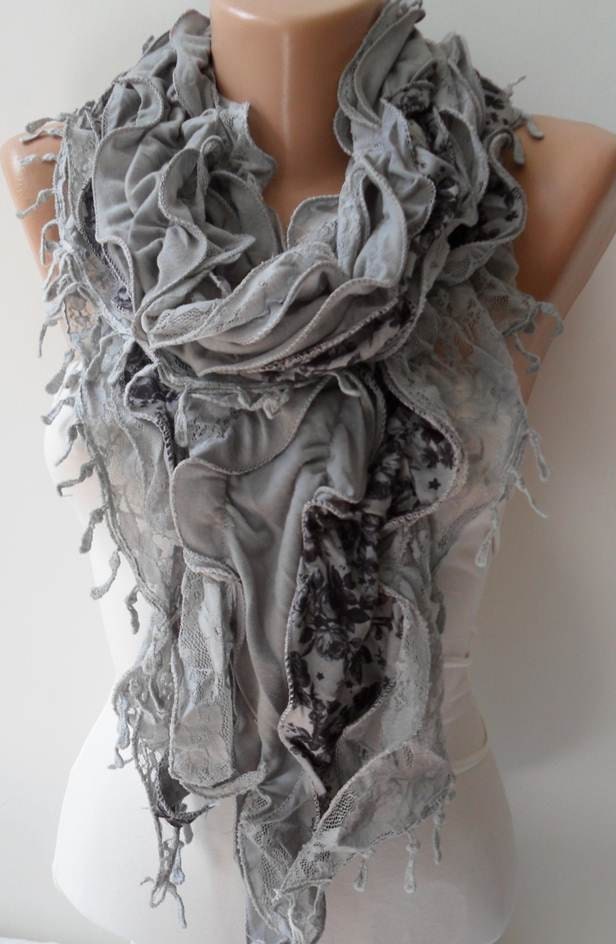 Trendy- Light Grey Lace and Cotton Ruffle Scarf