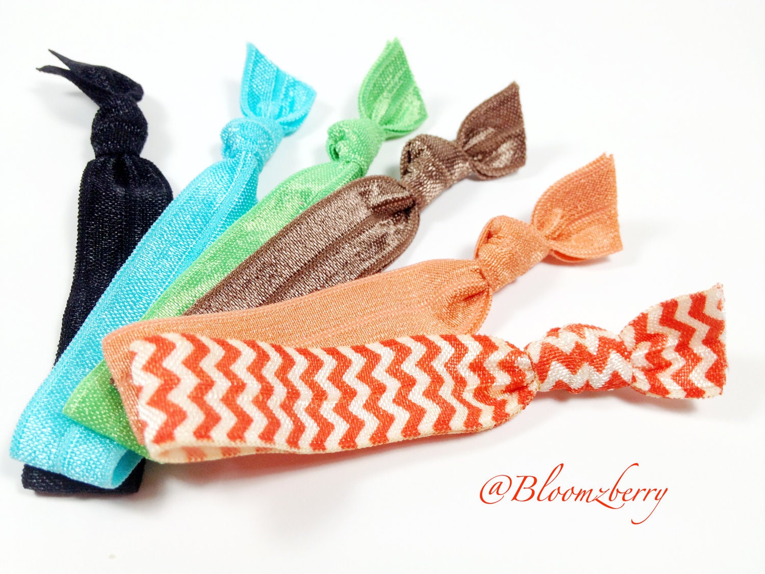 New 6 pcs Elastic Hair Tie - Chevron Print, Orange, Chocolate Brown, Apple Green and Black - Toddler to Adult