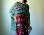 Spring Cleaning SALE: handmade lace shawl. cropped sweater poncho. loose knit seafoam shrug. one size.