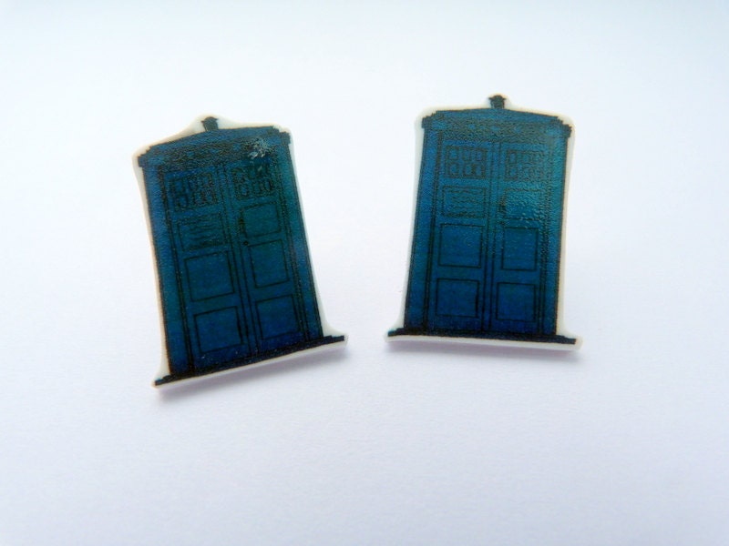 Dr Who Tardis Earrings - hand illustrated - plastic studs - shrink plastic