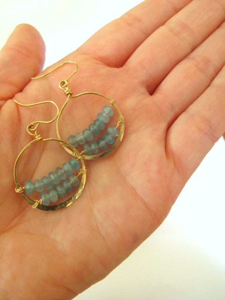 Gold Aquamarine Hoops Hammered Wire Wrapped Jewelry