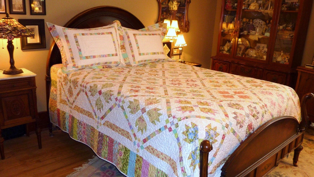Contemporary Double Full or Queen Quilt - Shams Too - Colorful Pastels on White - Handmade